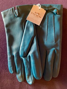 Coach Dark Teal Women's Bow Leather Wool Lined Gloves F20887 Sz 6.5 NWT